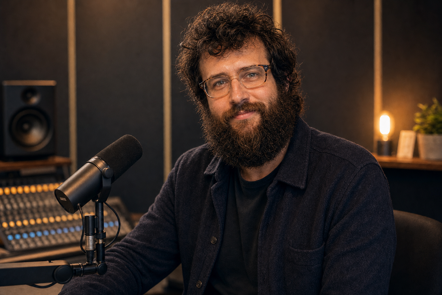 AI-generated portrait of John Aziz smiling at the camera in a professional recording studio.