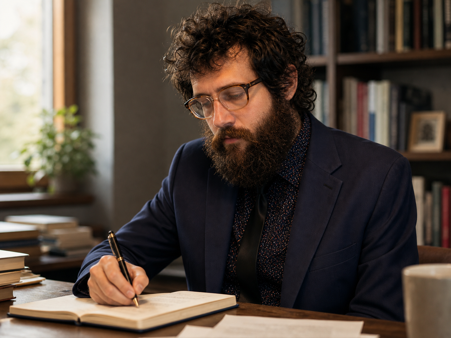 AI-generated portrait of John Aziz writing in a professional study.