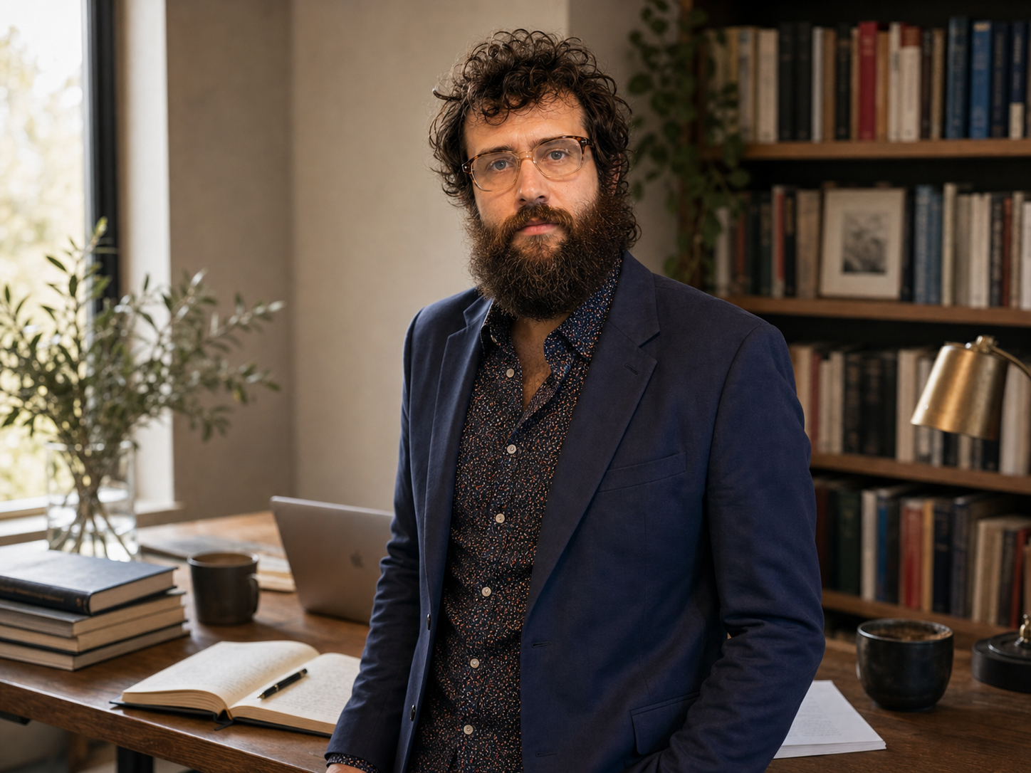 AI-generated portrait of John Aziz looking directly at the camera in a professional writing office.