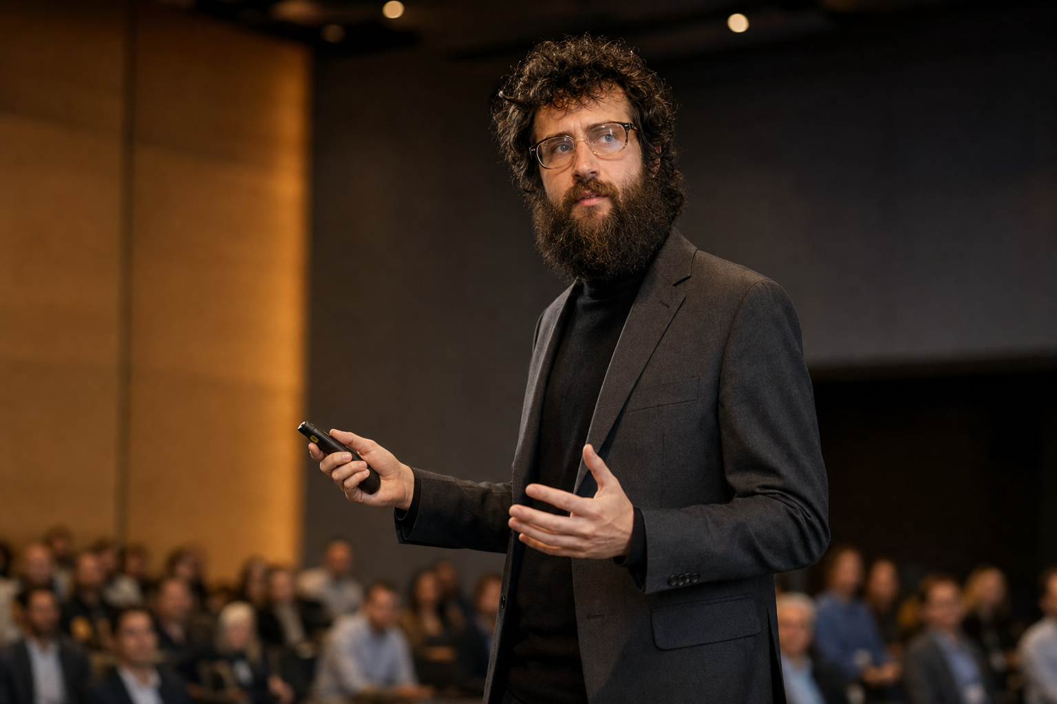 AI-generated portrait of John Aziz speaking in a conference hall.